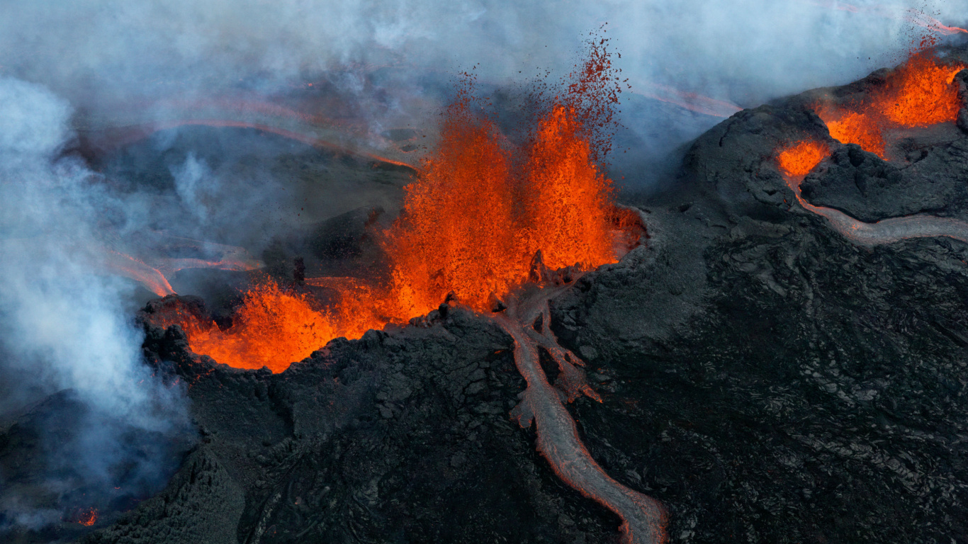 Обои вулкан, вентиляционные щели, лава, пожар, искусство в разрешении 1366x768