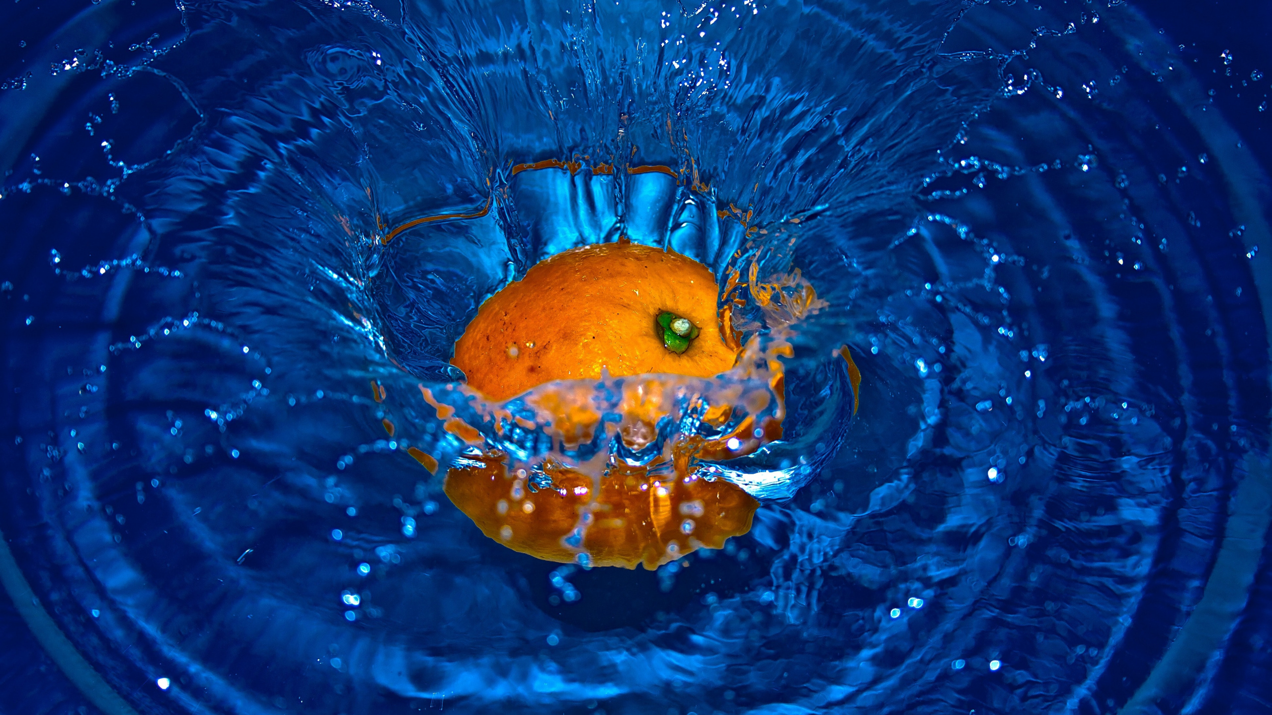 Обои Апельсин, фрукты, вода, синий, электрик в разрешении 2560x1440