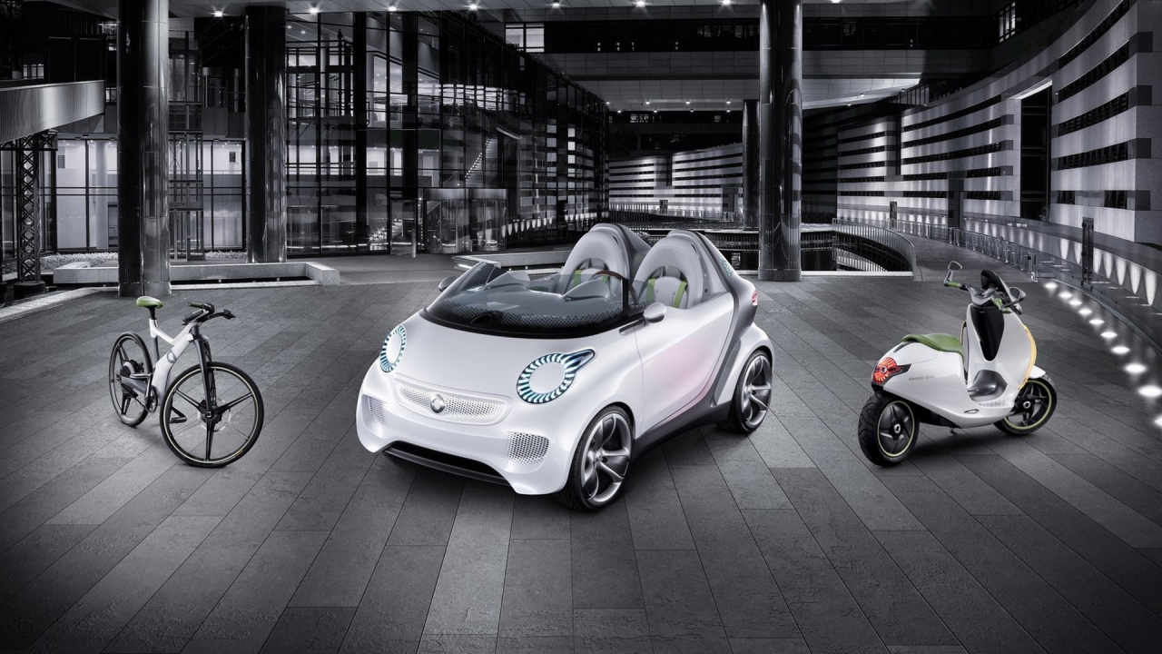 Обои белые, городской автомобиль, моторный транспорт, колесо, велосипед в разрешении 1280x720