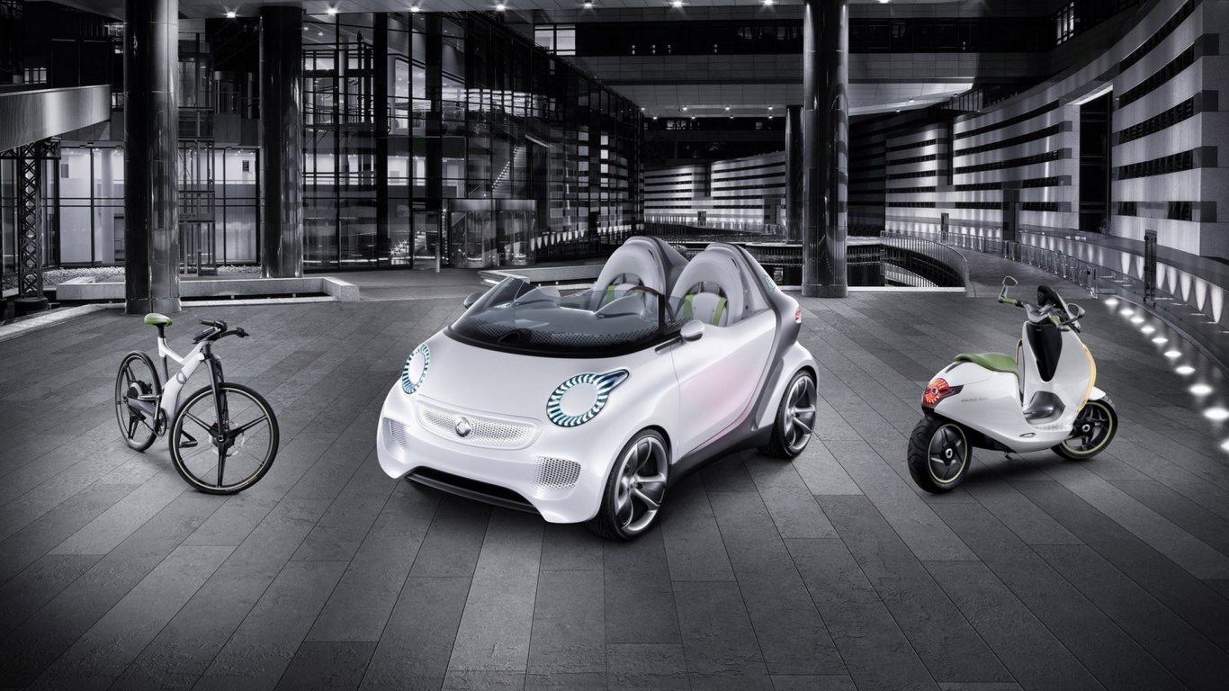 Обои белые, городской автомобиль, моторный транспорт, колесо, велосипед в разрешении 1366x768