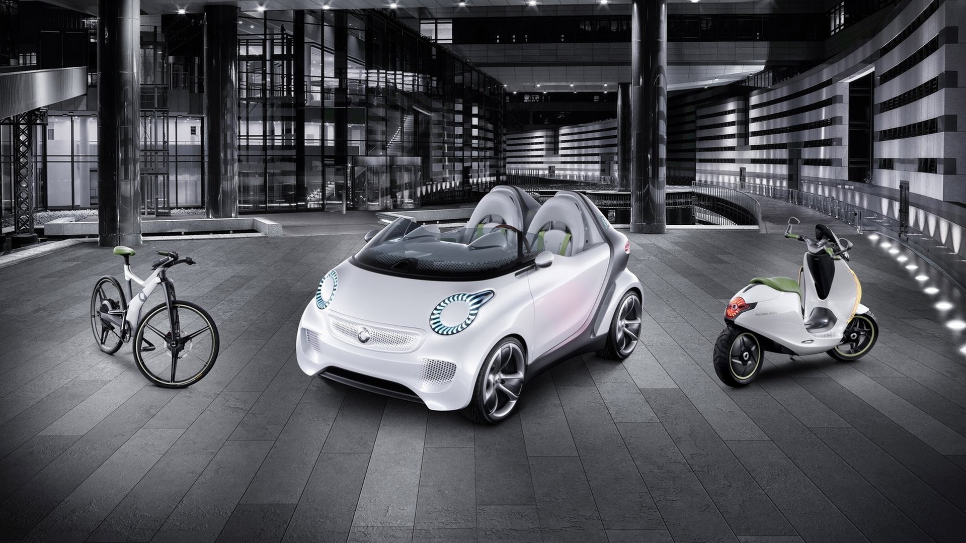 Обои белые, городской автомобиль, моторный транспорт, колесо, велосипед в разрешении 1920x1080