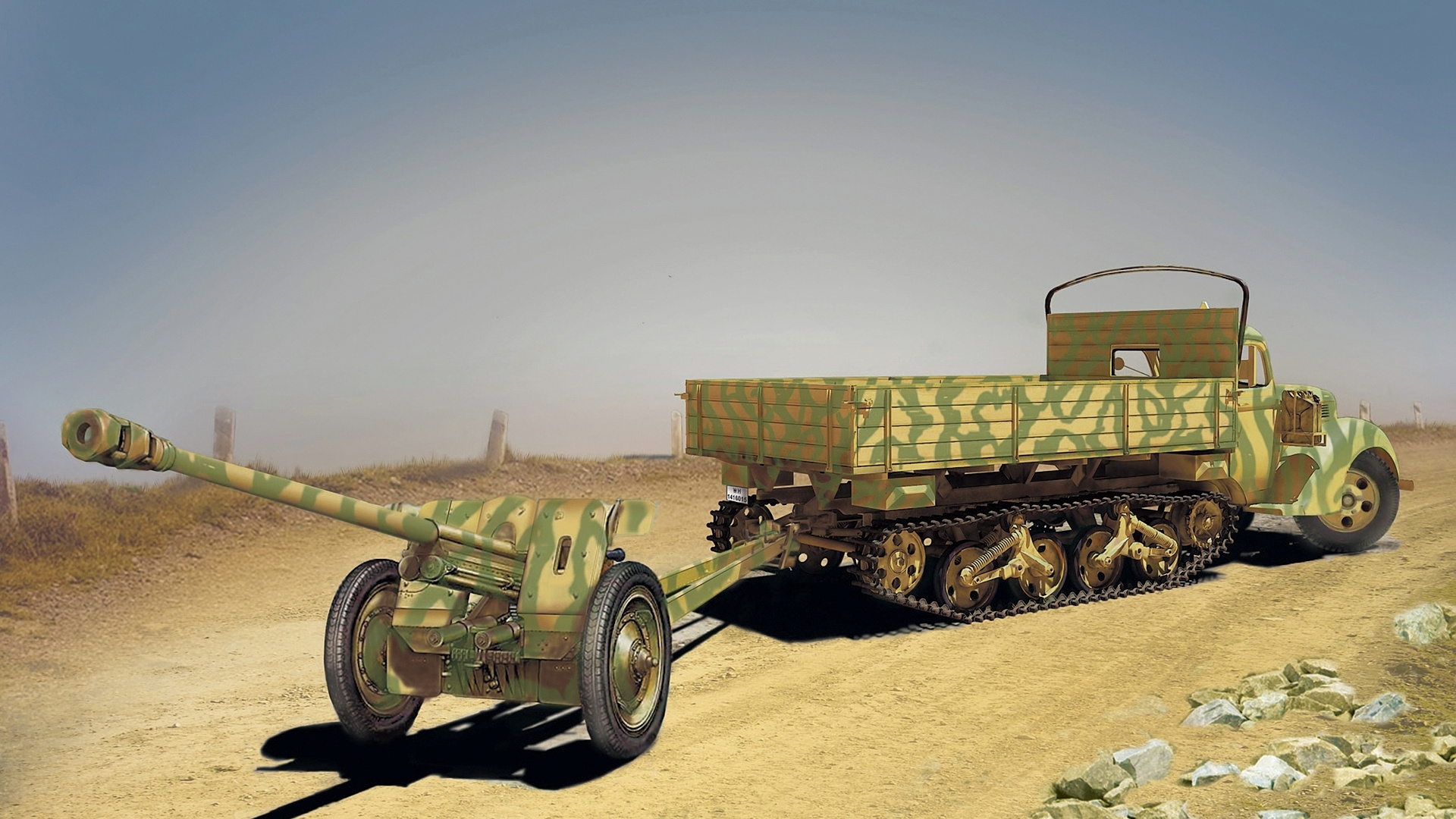 Обои песок, военный автомобиль, пушка, самоходная артиллерия, мировая война в разрешении 1920x1080