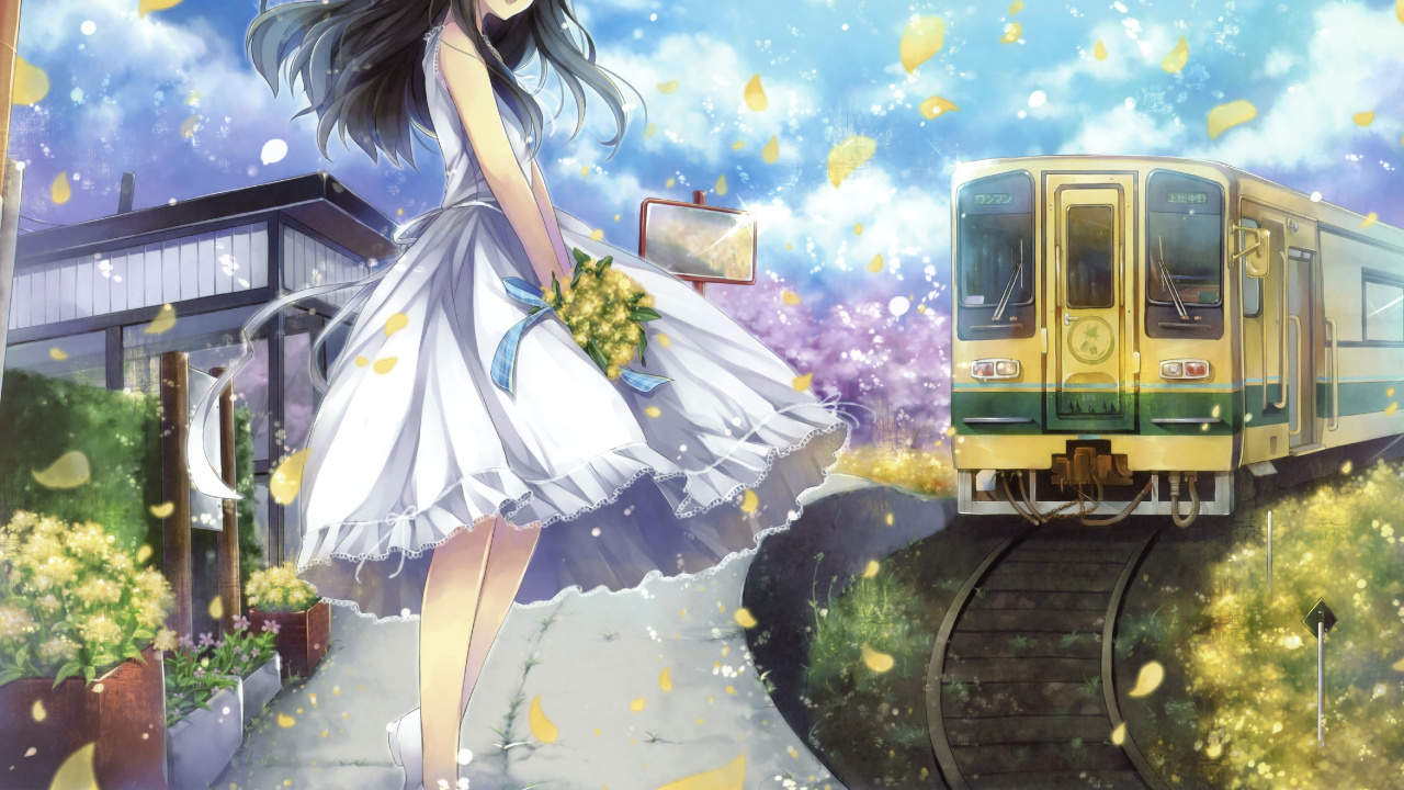 Обои аниме девушка летнее платье, аниме, одежда, поезд, мультфильм в разрешении 1280x720