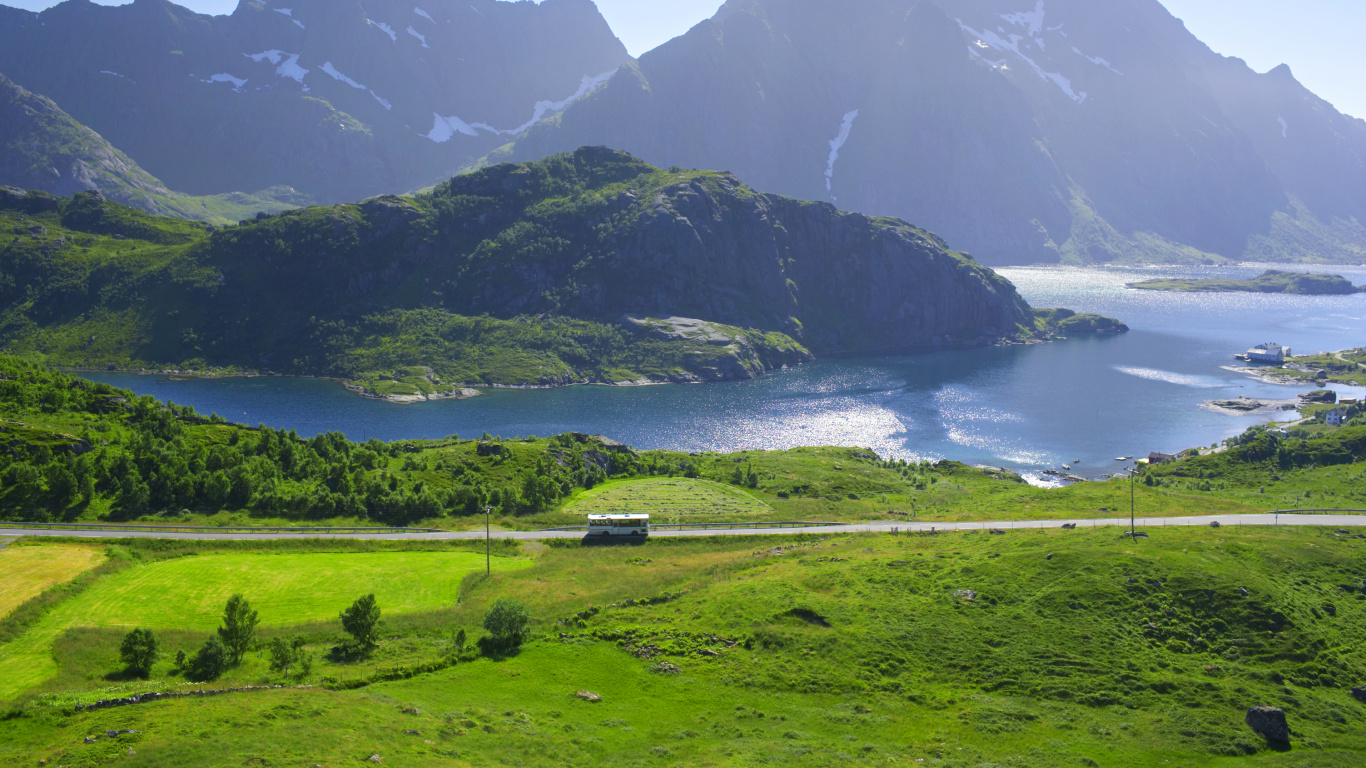 Обои Лофотен, фьорд, нагорье, природа, горный хребет в разрешении 1366x768