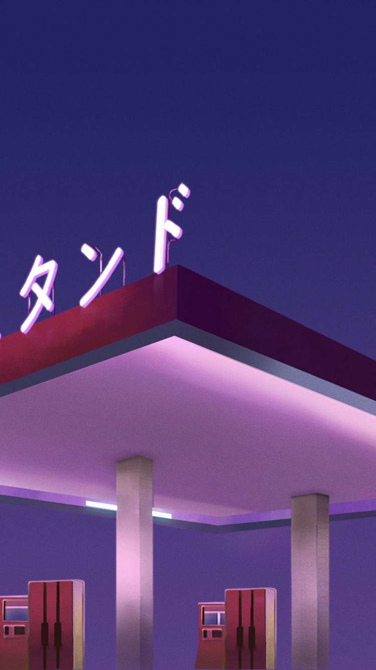 Обои эстетическая заправка, автозаправочная станция, архитектура, эстетика, пурпур в разрешении 750x1334