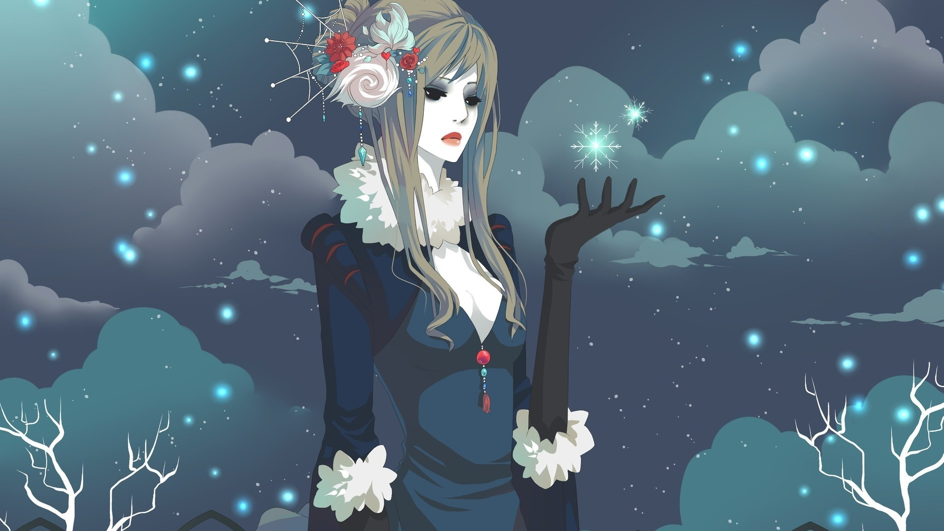 Обои иллюстрация, небо, Снежинка, черные волосы, мангака в разрешении 1920x1080