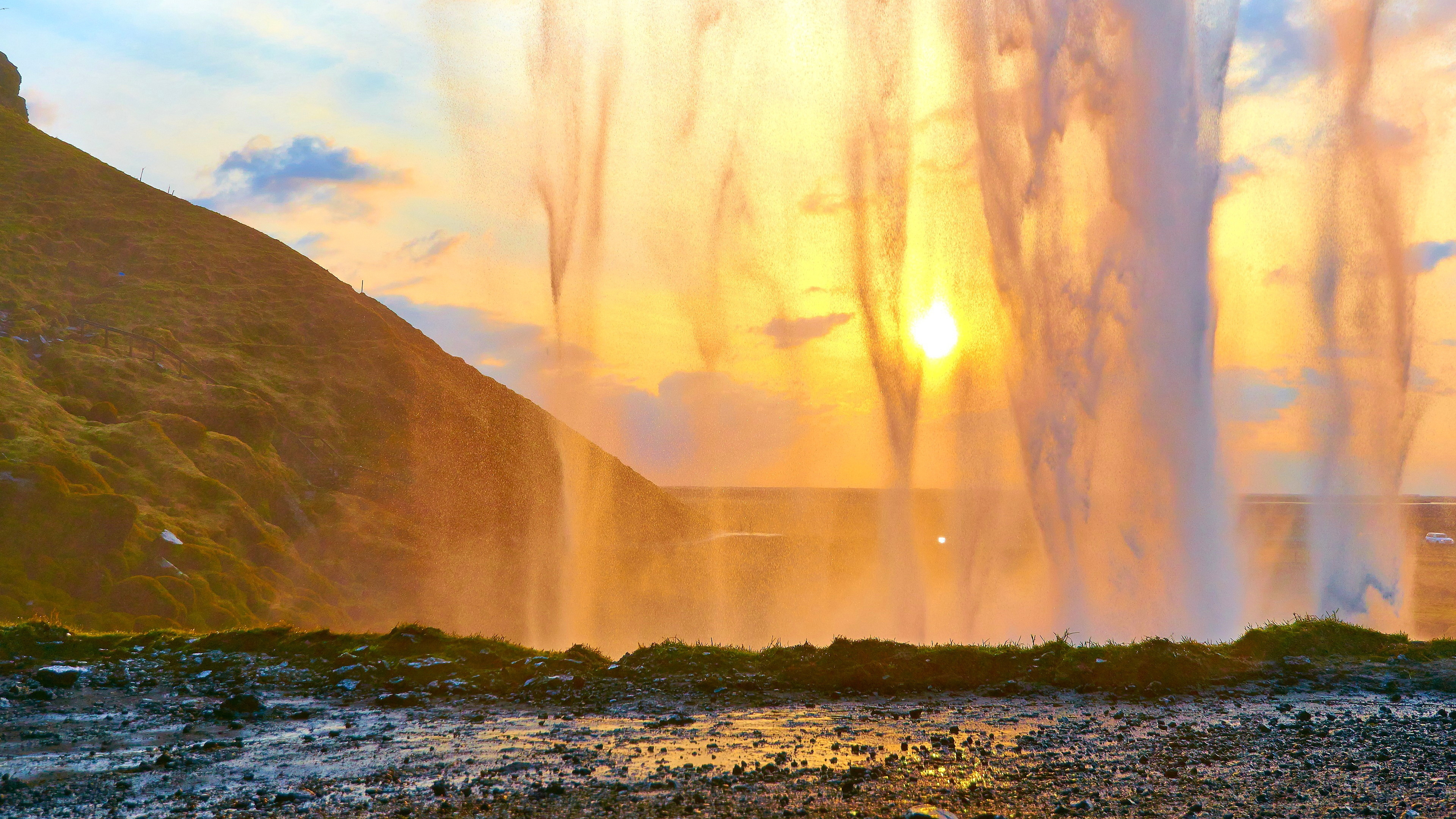 Обои селйяландсфосс, водопад, закат, природа, вода в разрешении 3840x2160