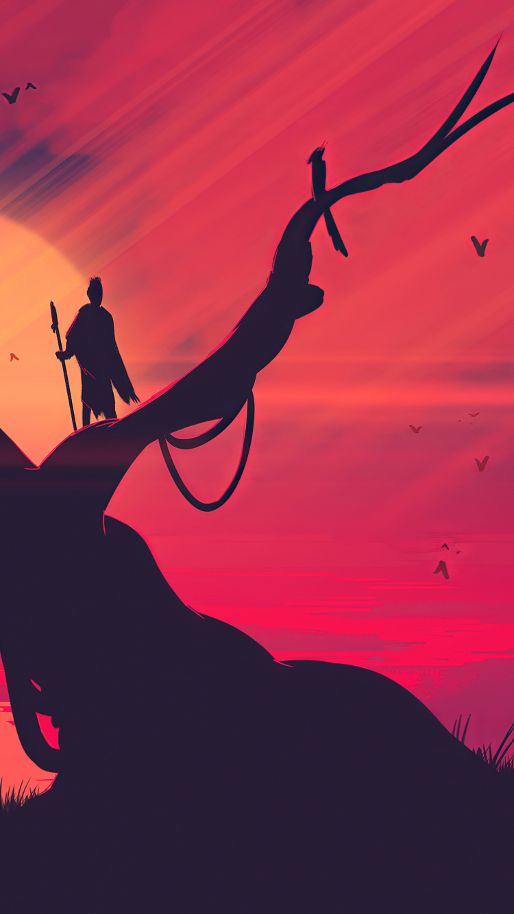 Обои ночь, восход солнца, пейзаж, силуэт, иллюстрация в разрешении 750x1334