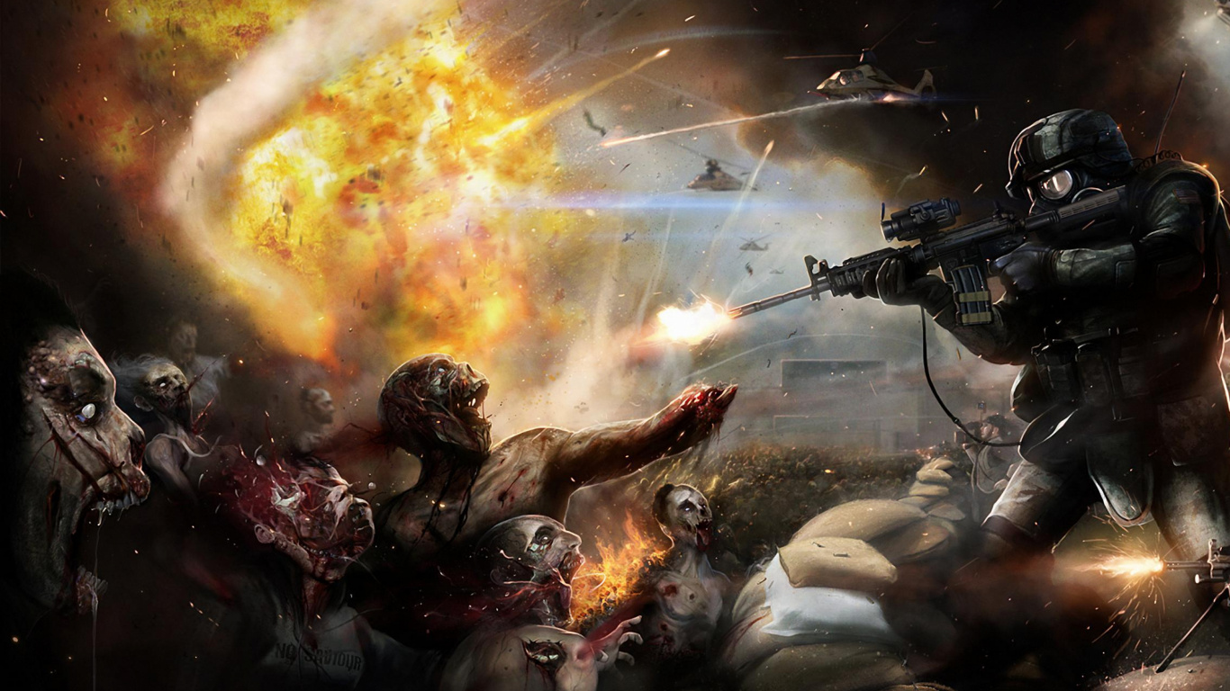 Обои зомби, битва, компьютерная игра, зомби инфекции, солдат в разрешении 1366x768