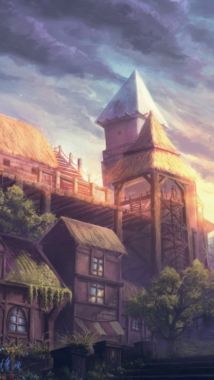 Обои фэнтези, цифровое искусство, живопись, вечер, пейзаж в разрешении 750x1334