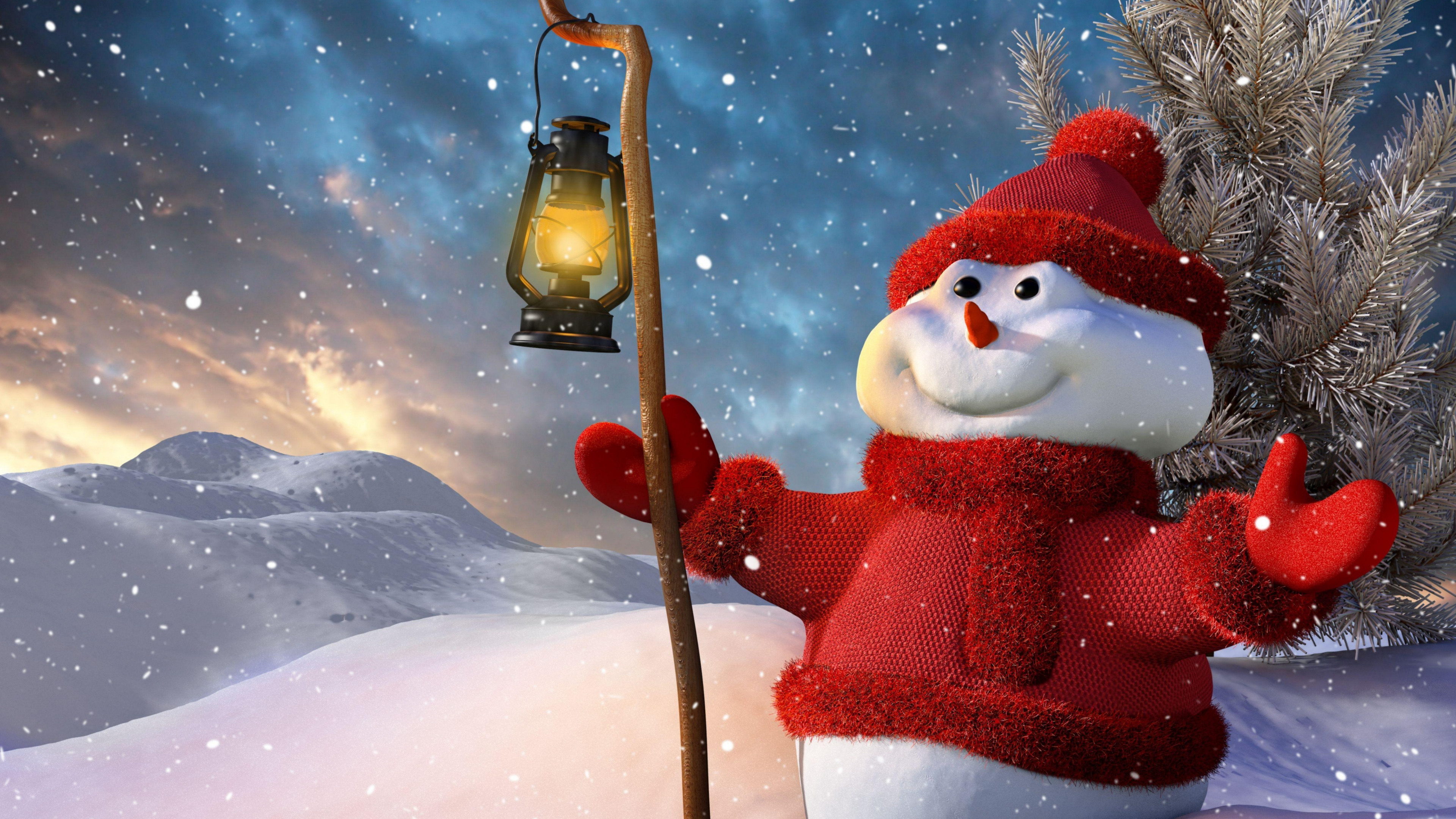 Обои Снеговик, Рождество, космос, замораживание, елка в разрешении 3840x2160