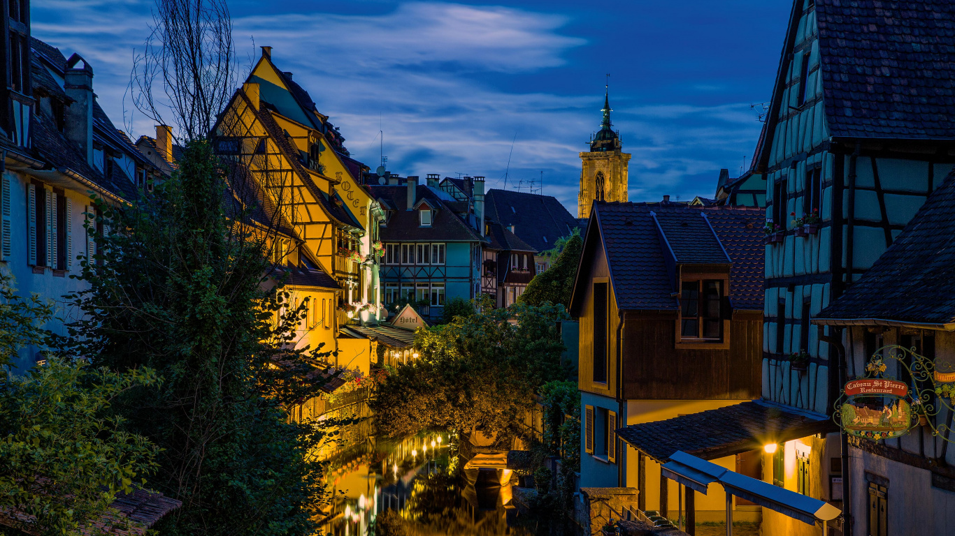 Обои ночь, город, городок, ориентир, городской район в разрешении 1366x768