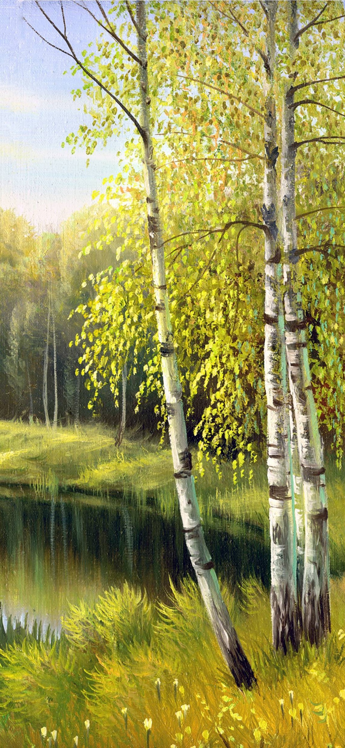 Обои пейзажная живопись, живопись, масляная живопись, природа, дерево в разрешении 1125x2436