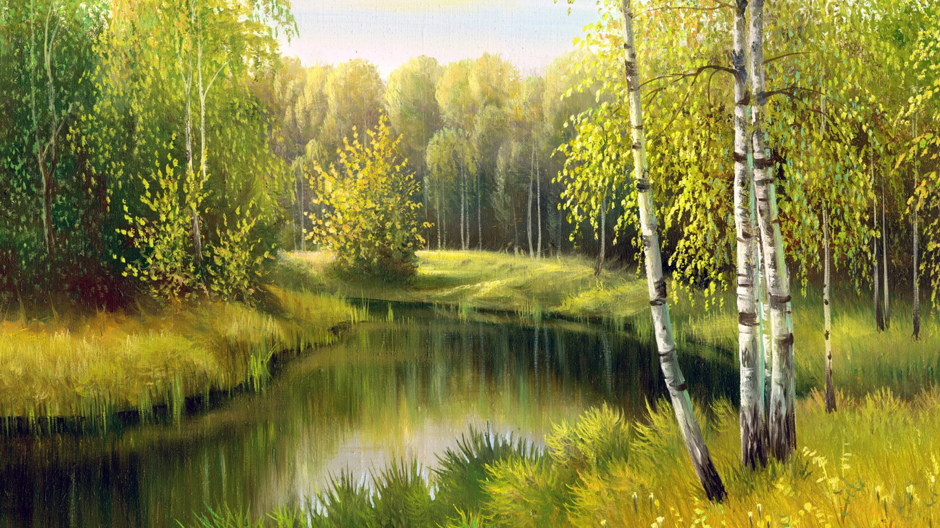 Обои пейзажная живопись, живопись, масляная живопись, природа, дерево в разрешении 1366x768