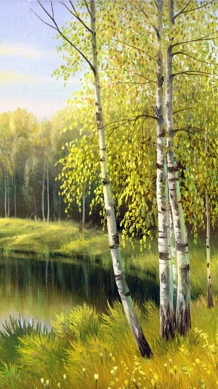 Обои пейзажная живопись, живопись, масляная живопись, природа, дерево в разрешении 750x1334