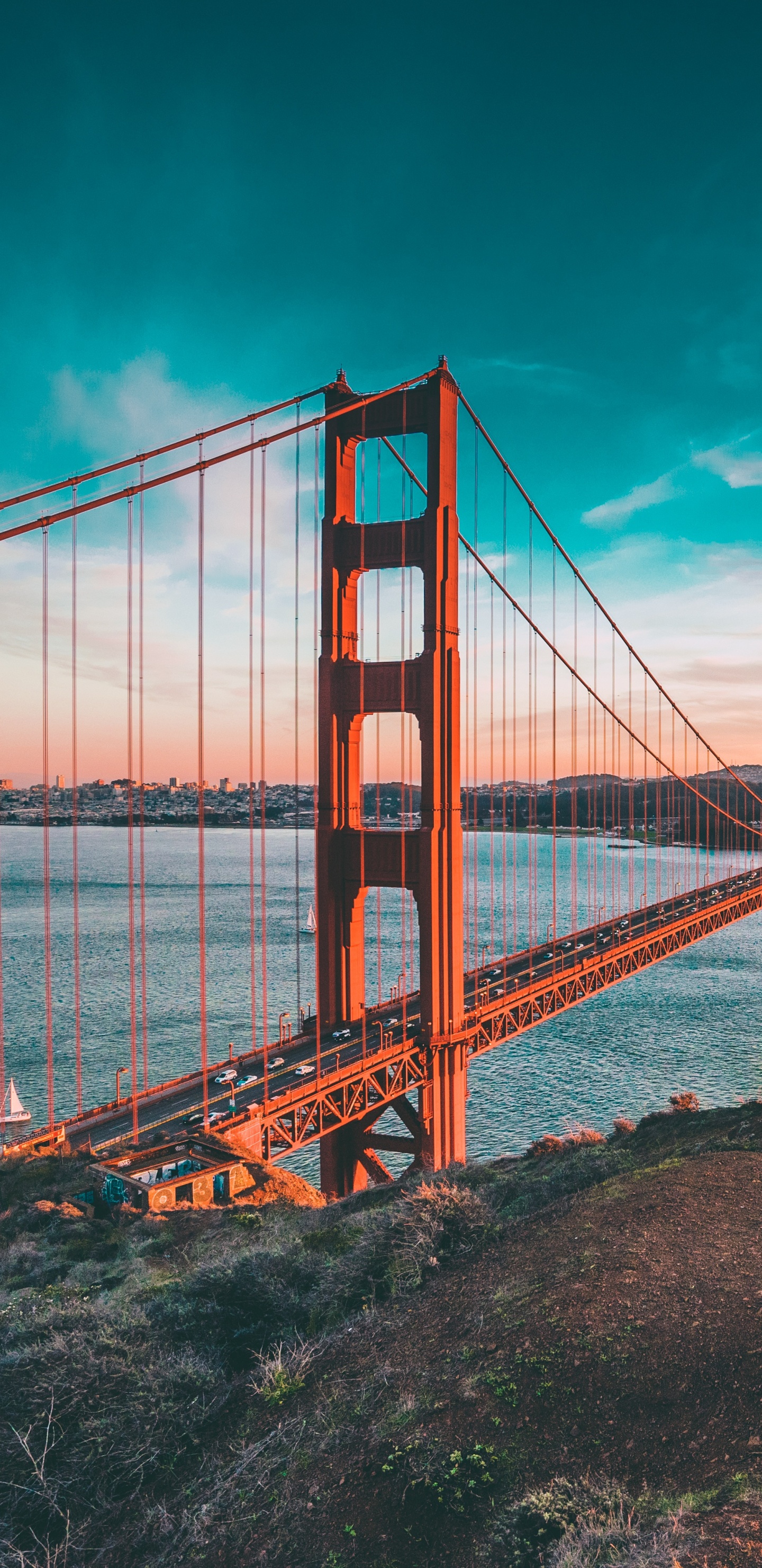 Обои мост, вода, подвесной мост, море, горизонт в разрешении 1440x2960