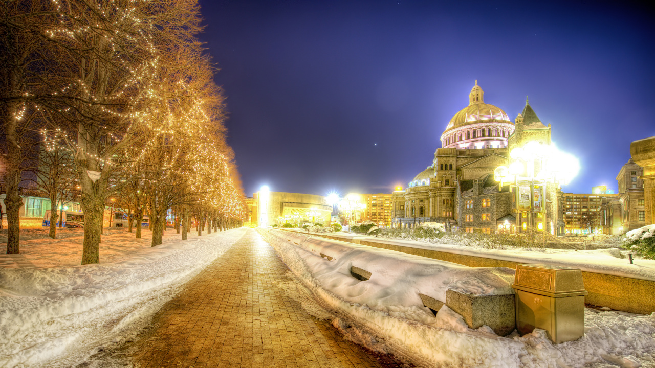 Обои Бостон, ориентир, природа, ночь, зима в разрешении 1280x720
