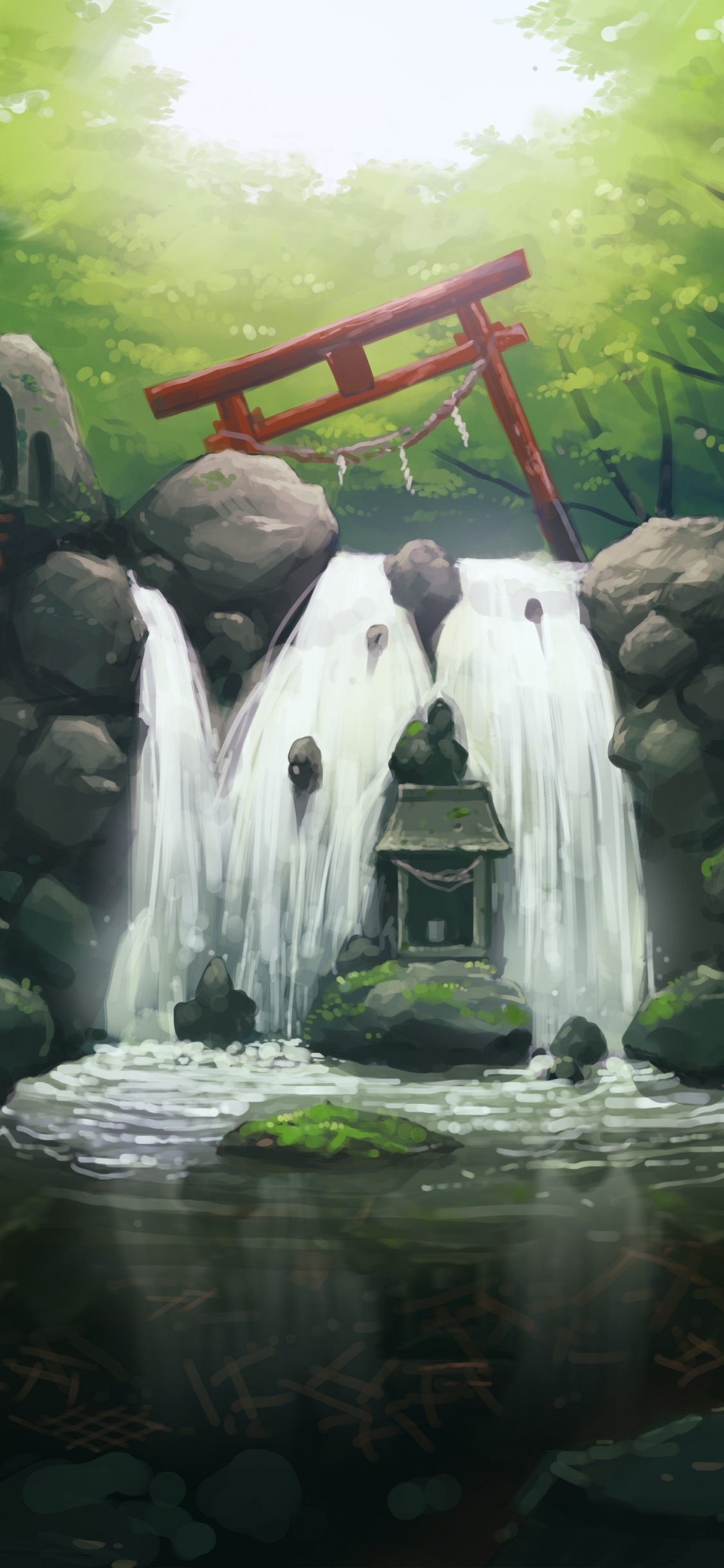 Обои водопад, природа, водоток, пейзаж, лес в разрешении 1125x2436