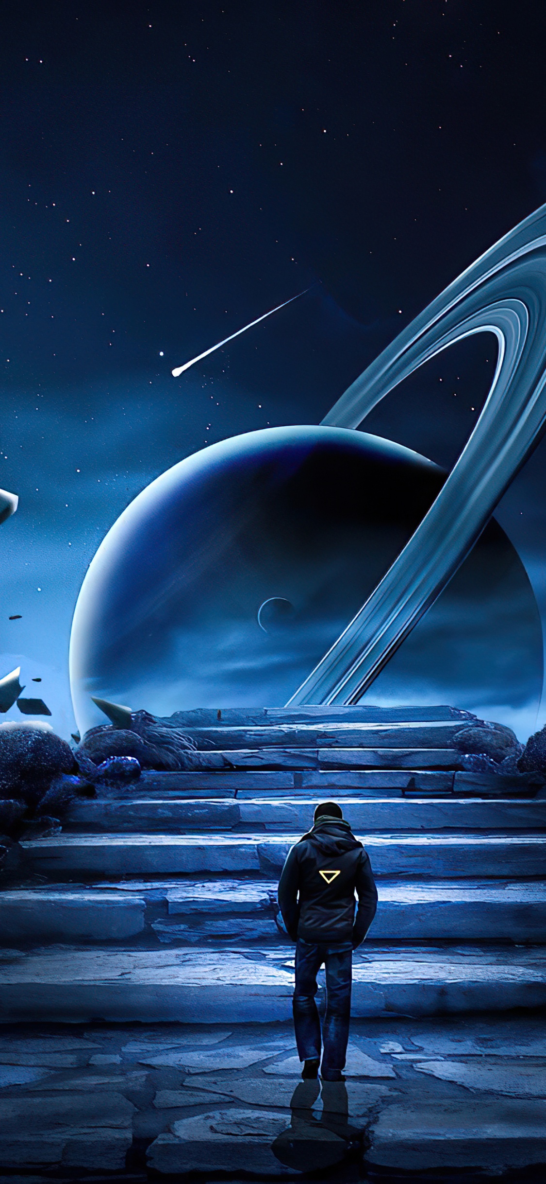 Обои космонавт на Сатурне, атмосфера, мир, арт, астрономический объект в разрешении 1125x2436