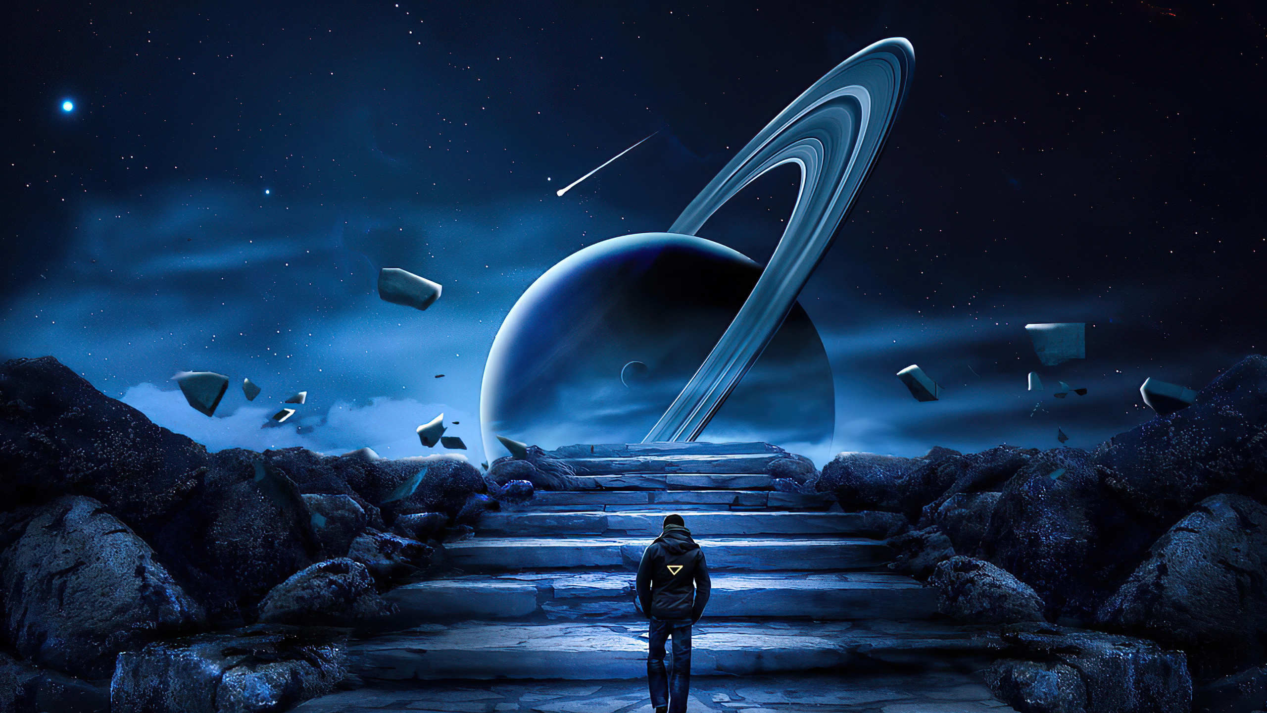 Обои космонавт на Сатурне, атмосфера, мир, арт, астрономический объект в разрешении 2560x1440