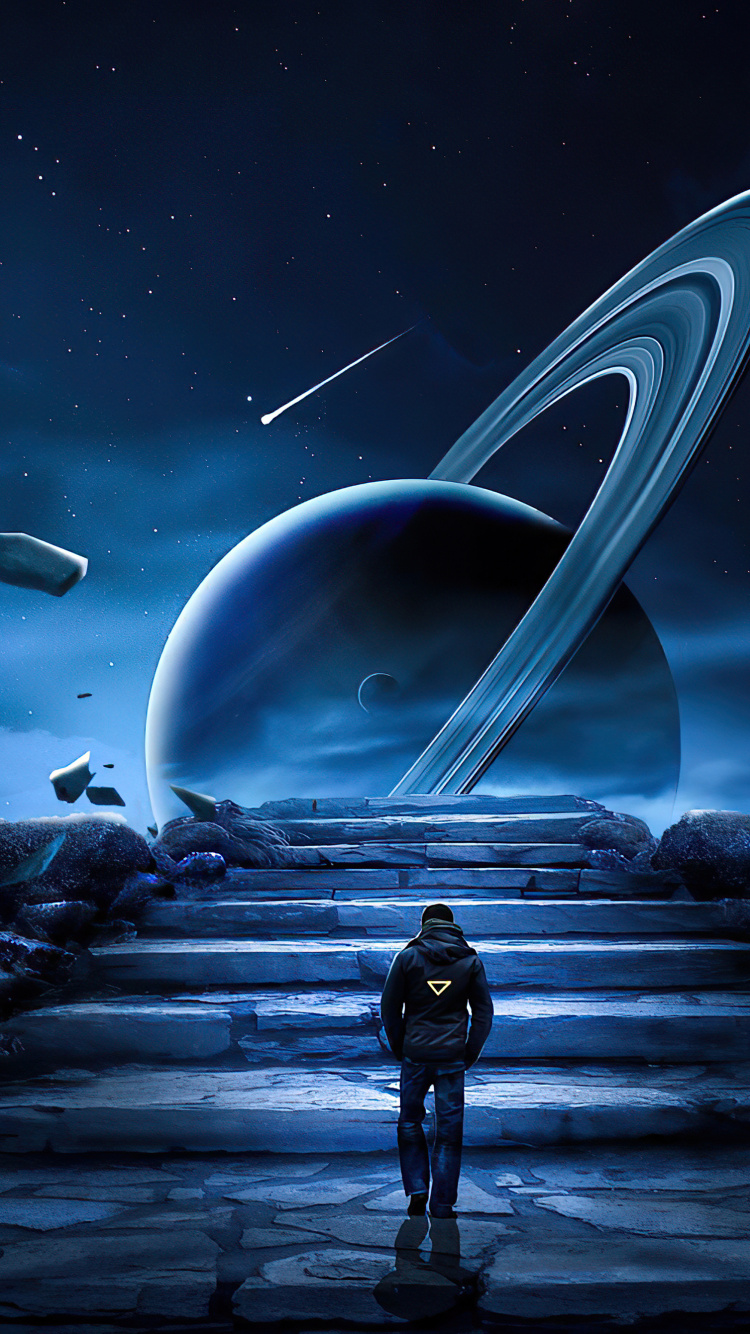 Обои космонавт на Сатурне, атмосфера, мир, арт, астрономический объект в разрешении 750x1334