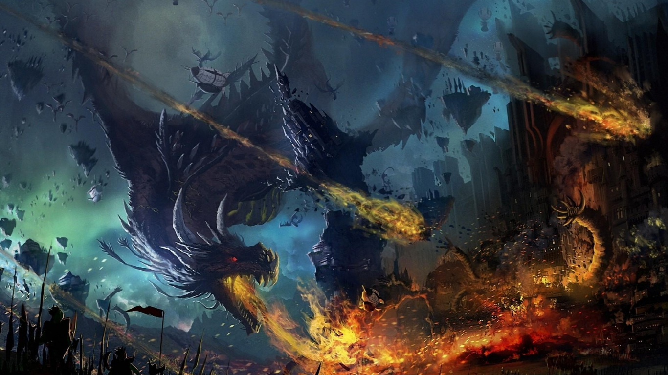 Обои дракон, война, cg работы, явление, скриншот в разрешении 1366x768