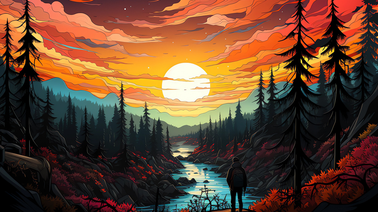 Обои послесвечение, закат, пейзаж, живопись, природа в разрешении 1280x720