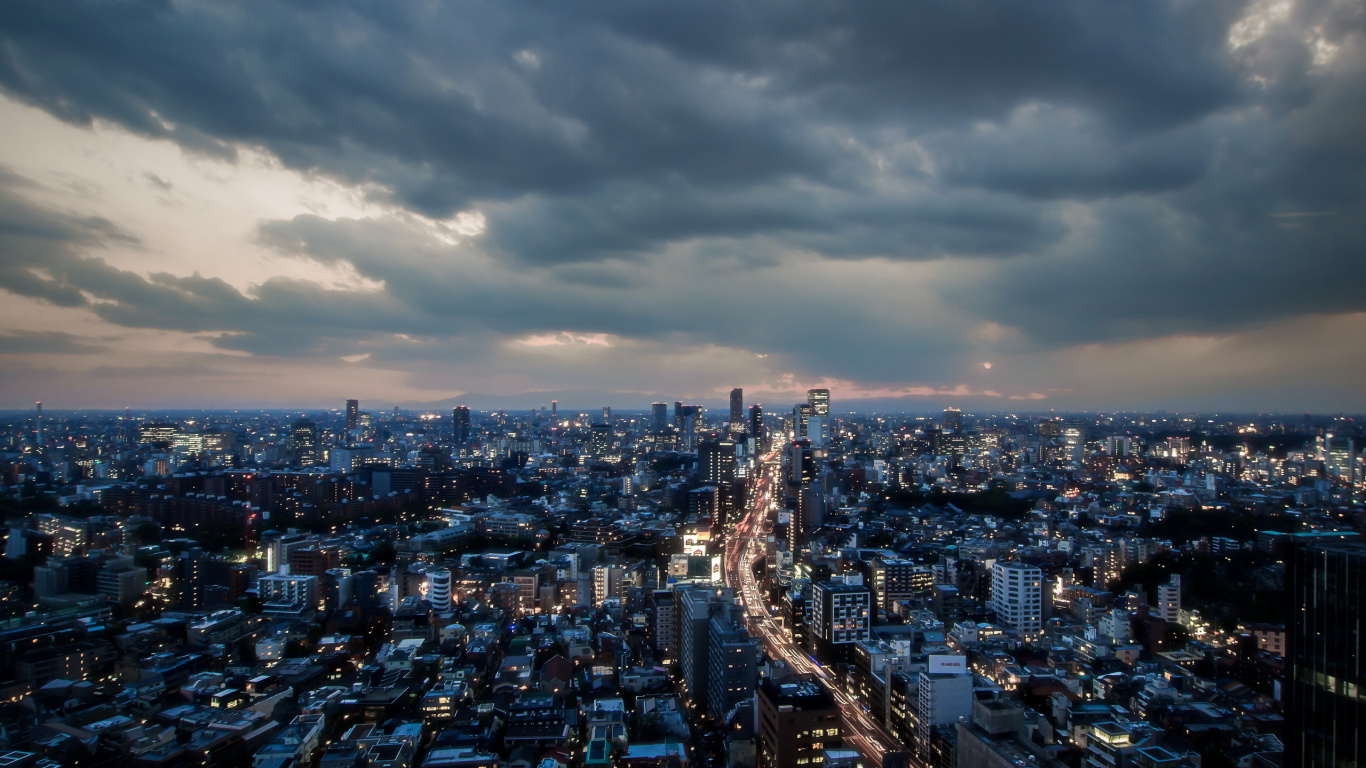 Обои городской пейзаж, горизонт, закат, город, городской район в разрешении 1366x768
