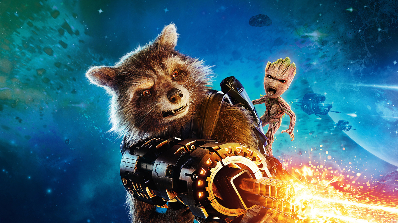 Обои Реактивный Енот, Грут, космос, marvel, морда в разрешении 1366x768