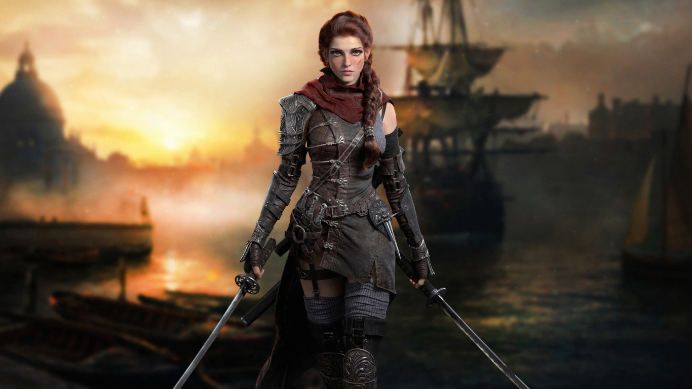 Обои пиратская девушка, пиратство, арт, цифровое искусство, произведение искусства в разрешении 1366x768