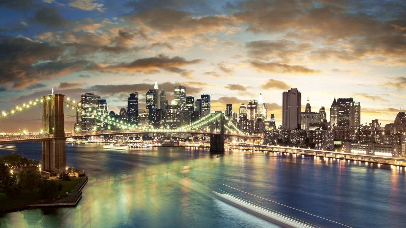 Обои Бруклинский мост, Бруклинский Мост Парк, городской пейзаж, город, линия горизонта в разрешении 1366x768