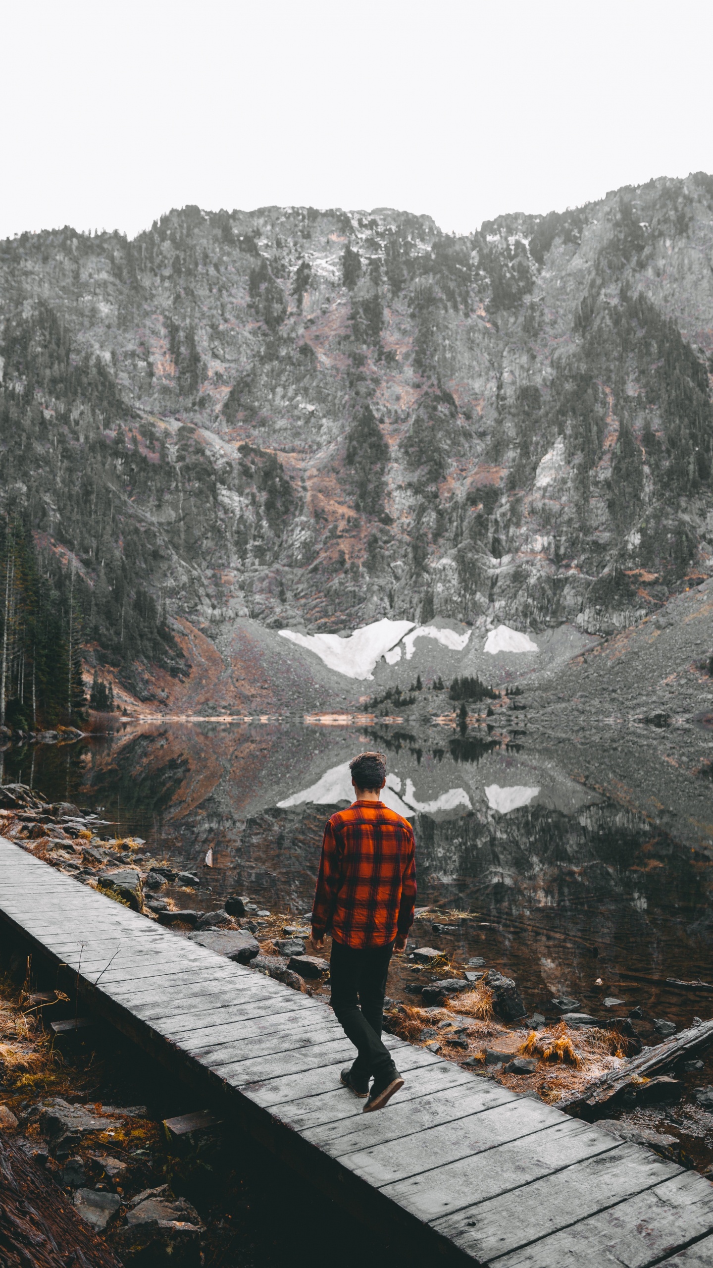 Обои озеро, горный рельеф, гора, дерево, горная станция в разрешении 1440x2560