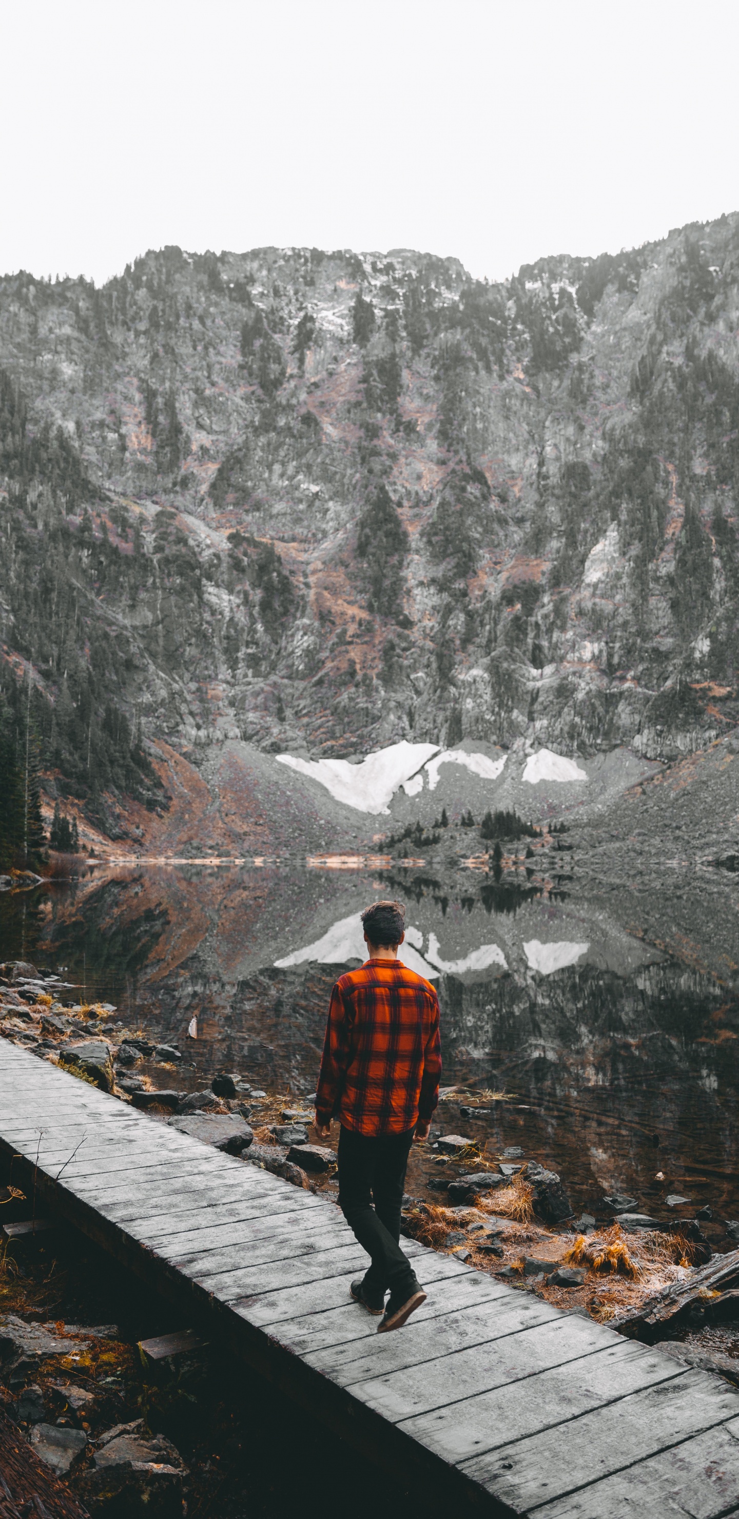 Обои озеро, горный рельеф, гора, дерево, горная станция в разрешении 1440x2960