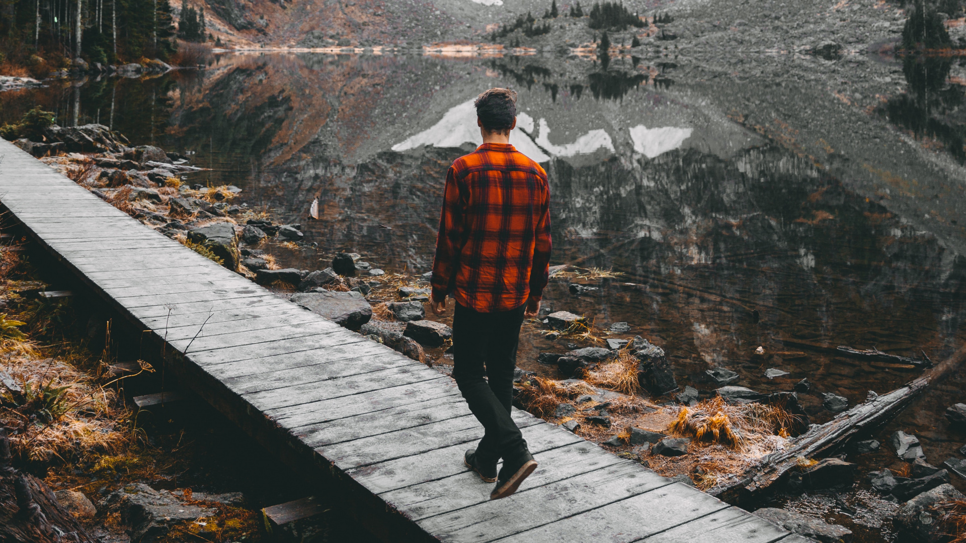 Обои озеро, горный рельеф, гора, дерево, горная станция в разрешении 1920x1080