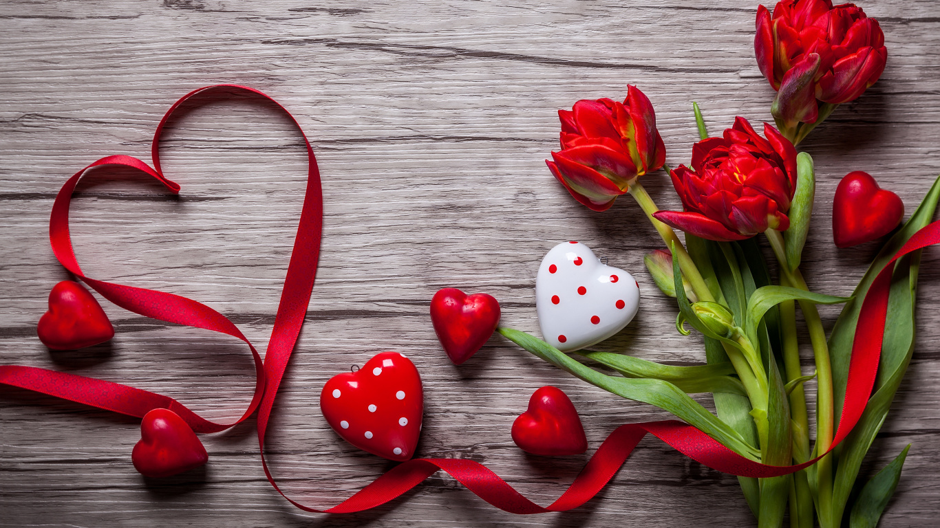 Обои День Святого Валентина, цветок, сердце, тюльпаны, красный цвет в разрешении 1366x768