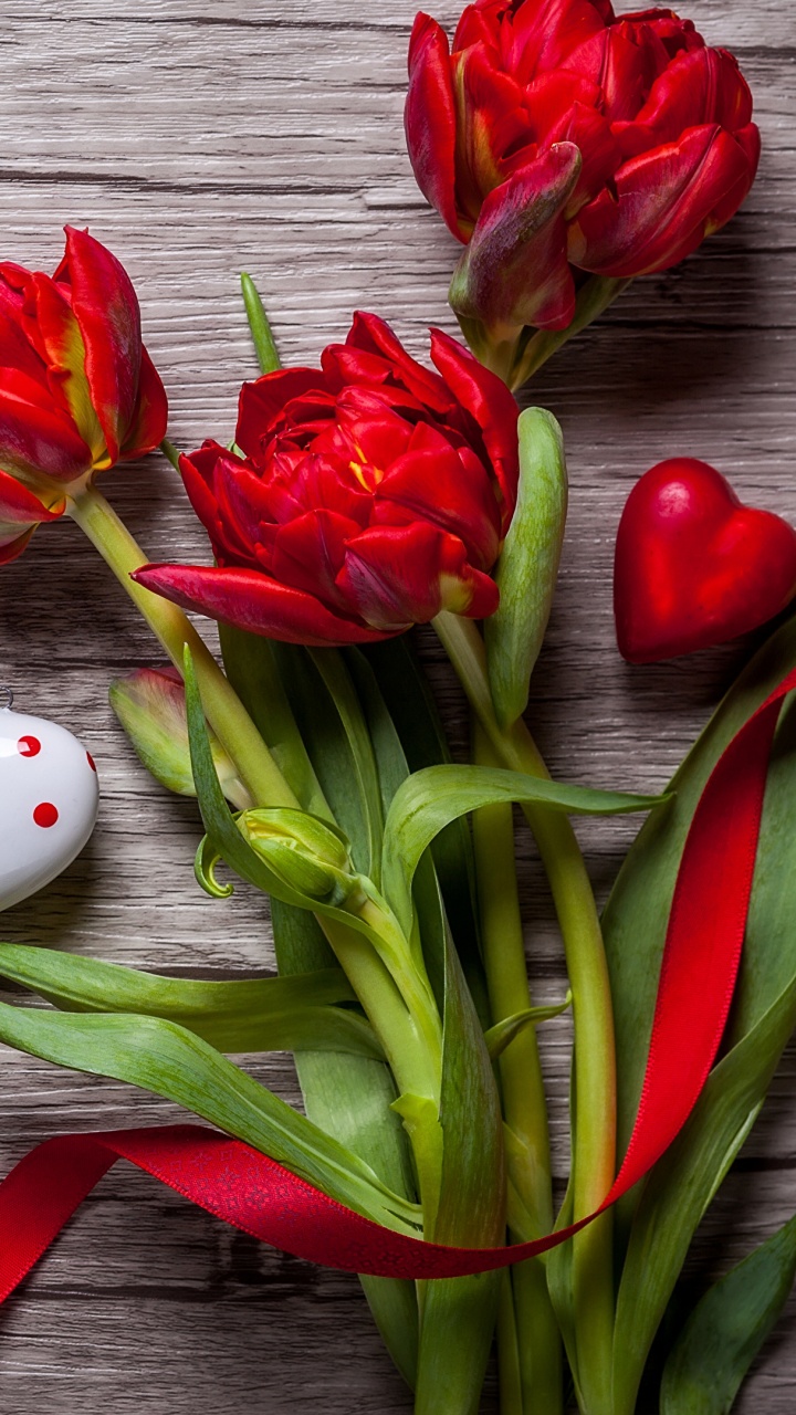 Обои День Святого Валентина, цветок, сердце, тюльпаны, красный цвет в разрешении 720x1280