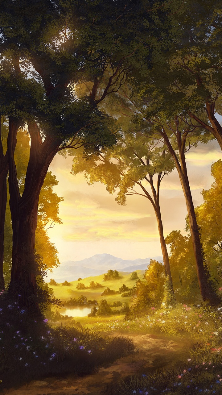Обои природный ландшафт, природа, дерево, живопись, солнечный свет в разрешении 720x1280