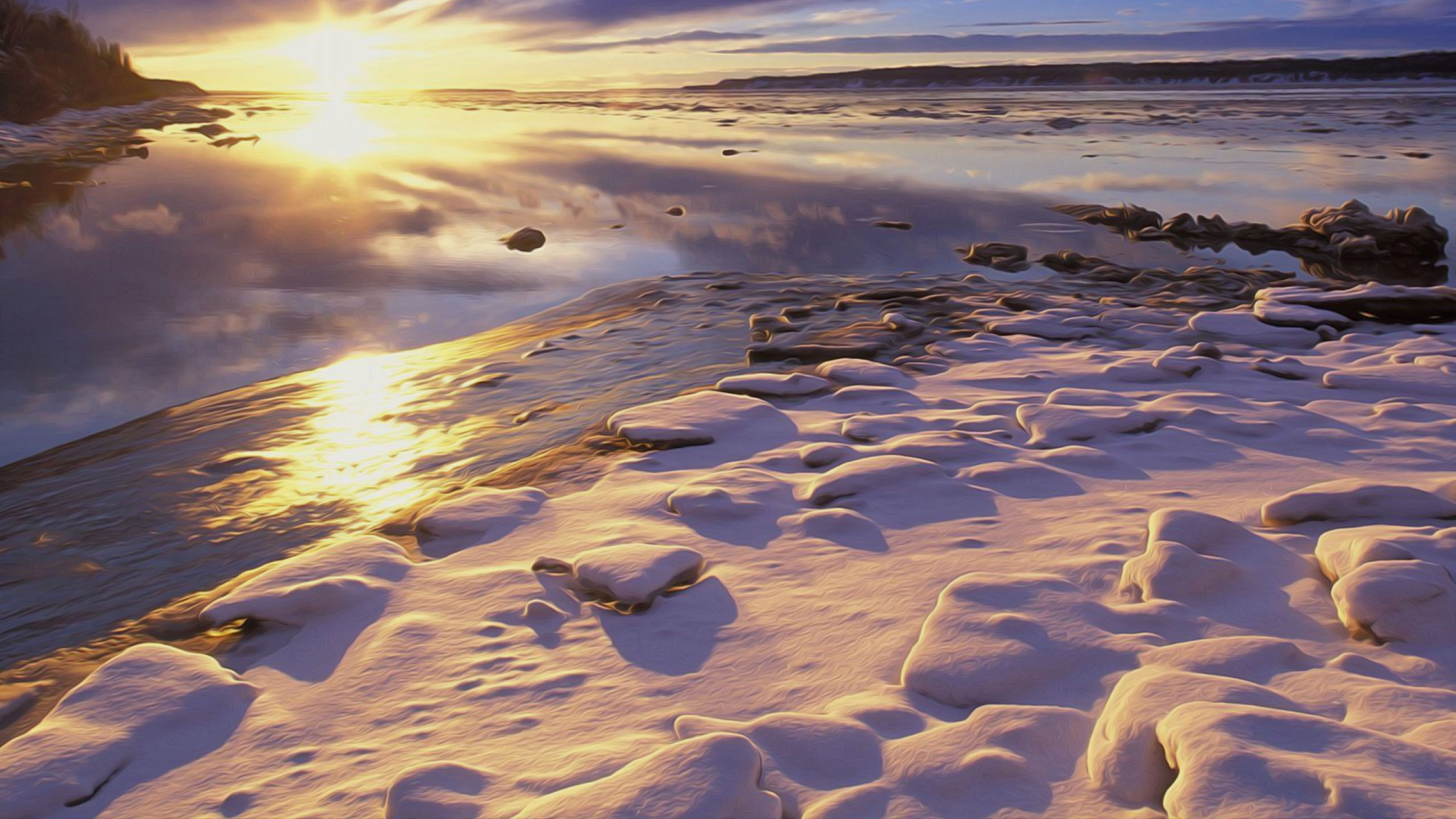 Обои закат, море, берег, горизонт, утро в разрешении 1920x1080