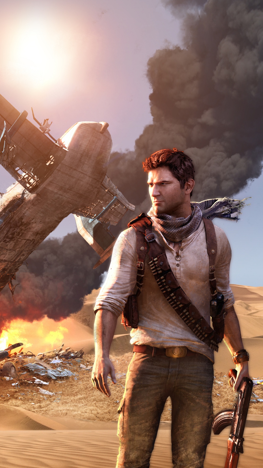 Обои uncharted 3 drakes deception, uncharted drakes fortune, игривый щенок, playstation 4, пустыня в разрешении 1080x1920