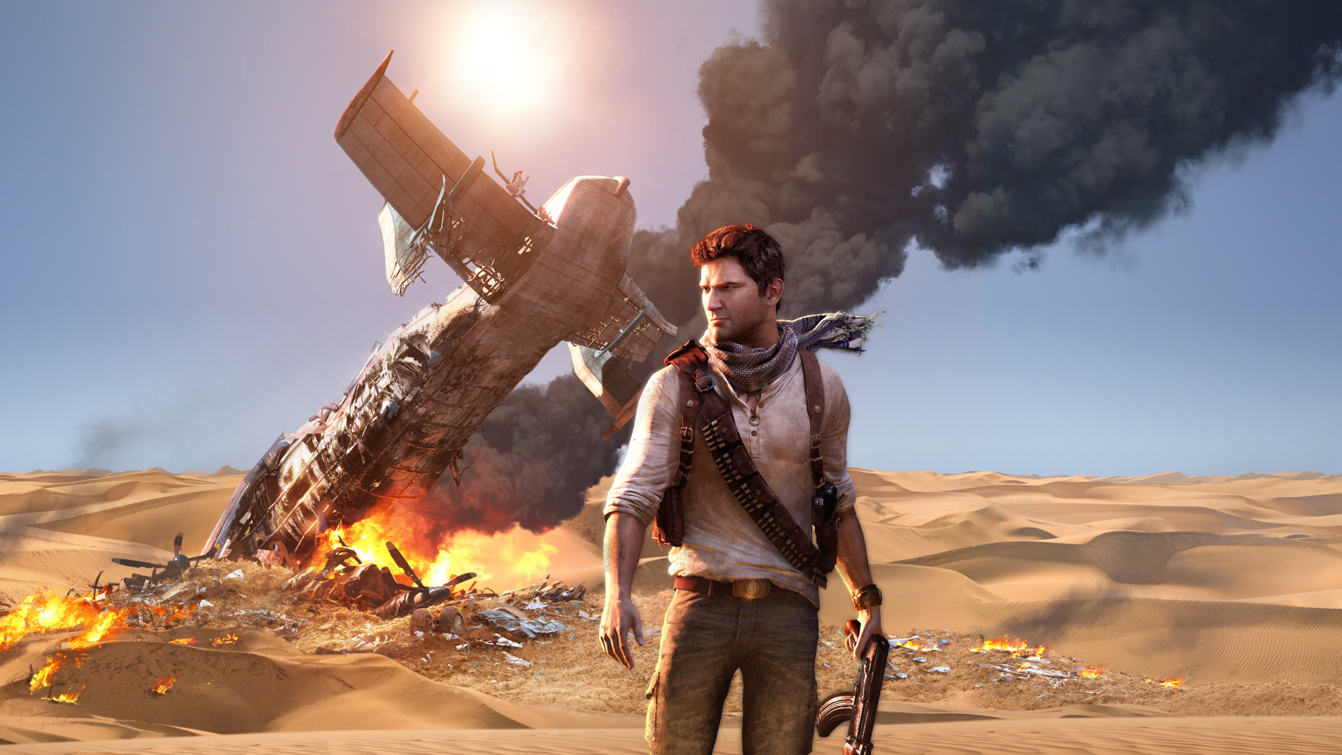 Обои uncharted 3 drakes deception, uncharted drakes fortune, игривый щенок, playstation 4, пустыня в разрешении 1920x1080
