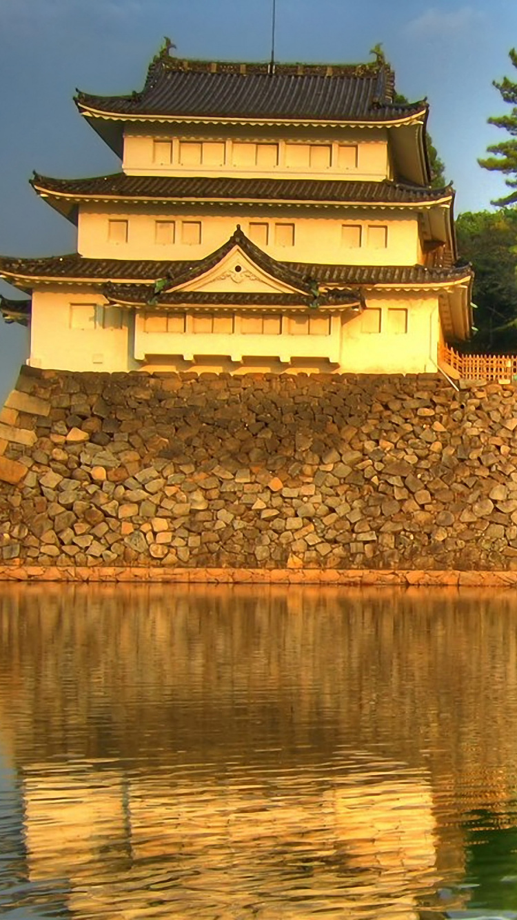 Обои вода, отражение, пагода, дерево, ров в разрешении 750x1334