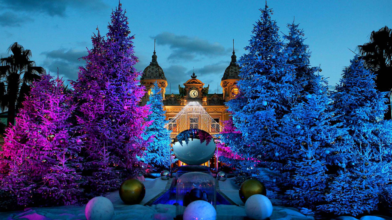 Обои Рождественский день, синий, дерево, пурпур, елка в разрешении 1366x768