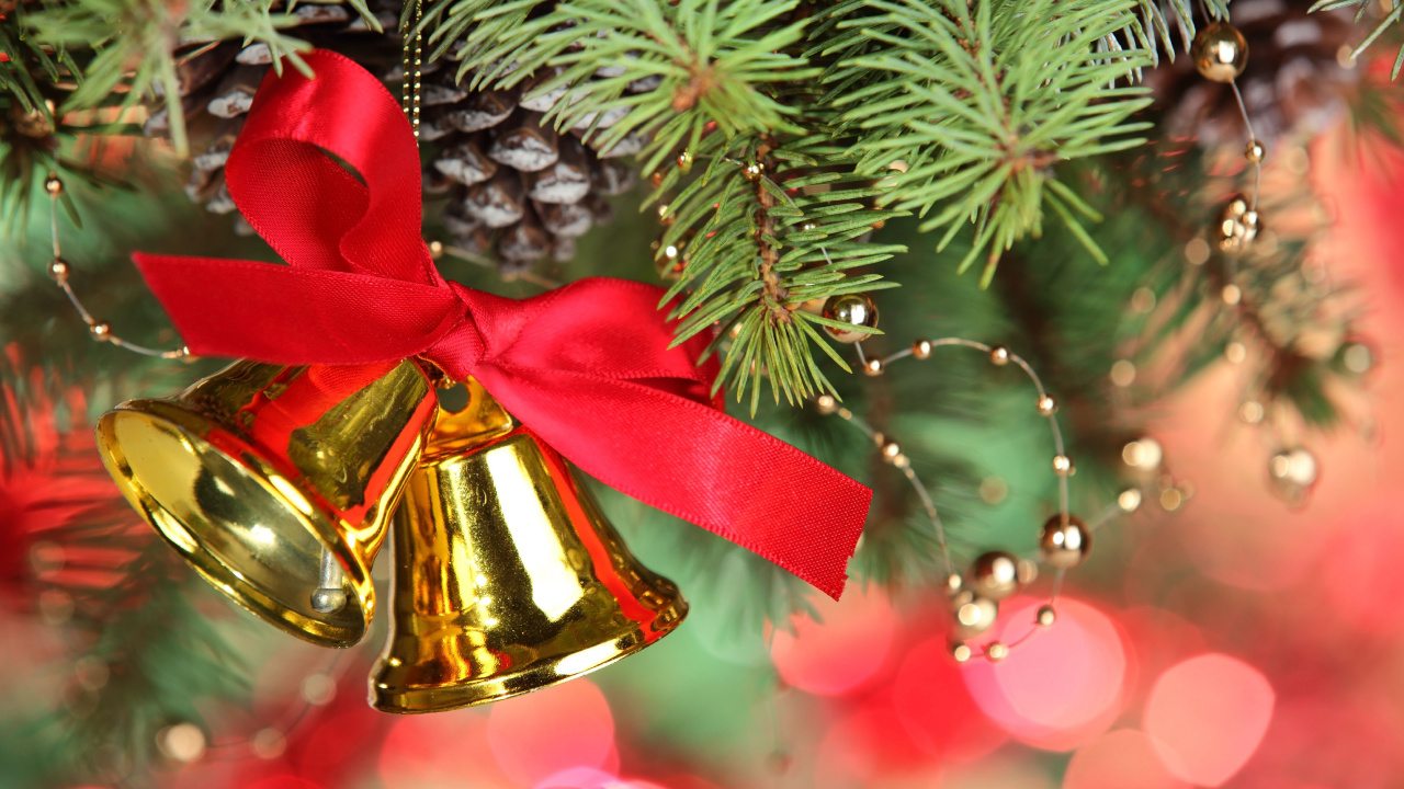 Обои Рождественские украшения, Рождественский день, колокольчик, елка, праздник в разрешении 1280x720