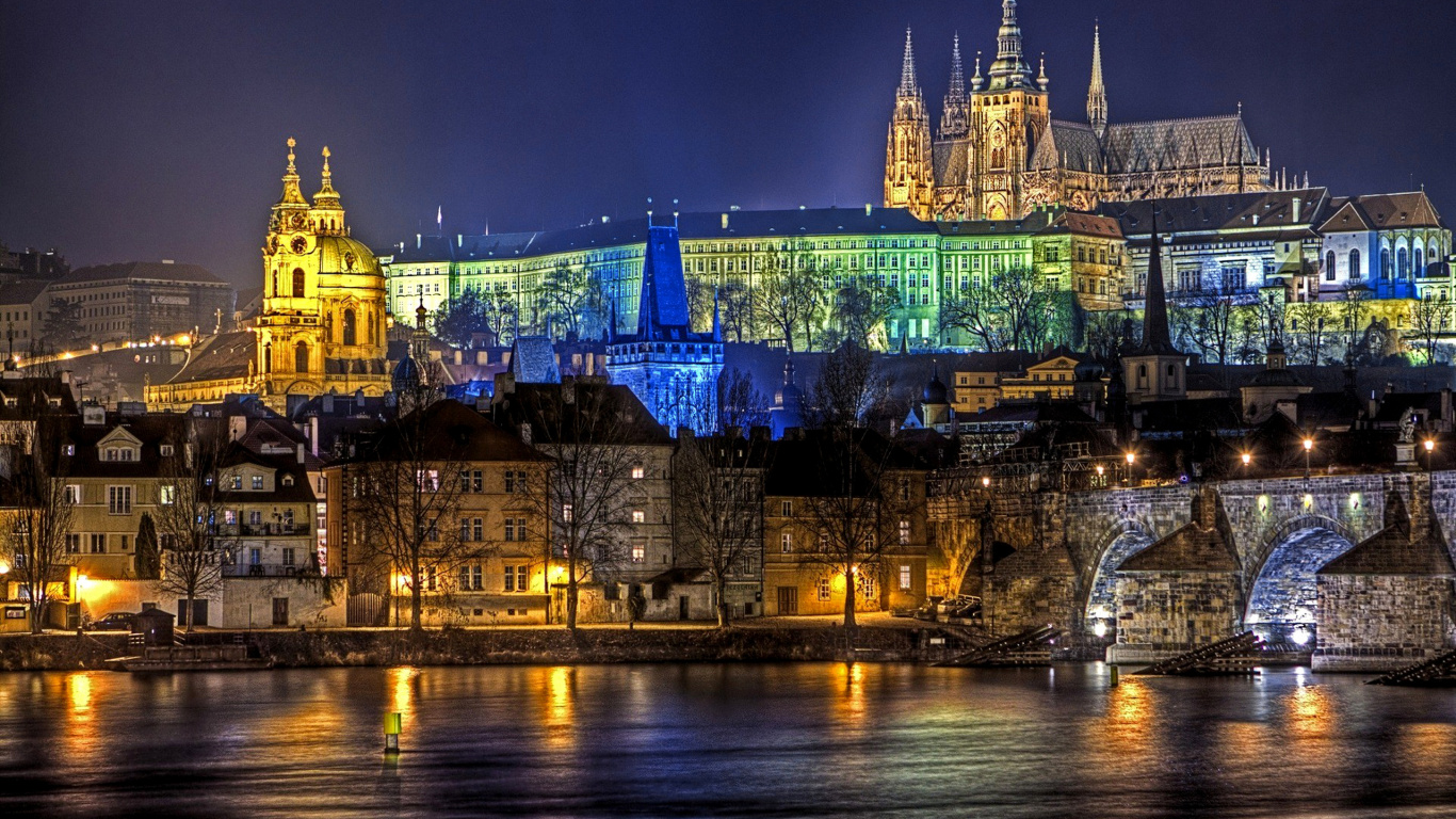Обои Карлов мост, ночь, ориентир, город, городской пейзаж в разрешении 1366x768