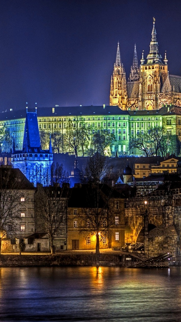 Обои Карлов мост, ночь, ориентир, город, городской пейзаж в разрешении 720x1280