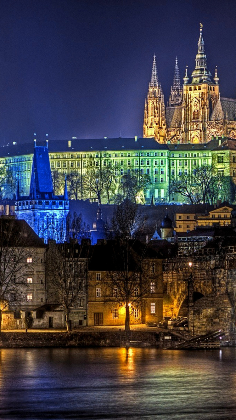 Обои Карлов мост, ночь, ориентир, город, городской пейзаж в разрешении 750x1334