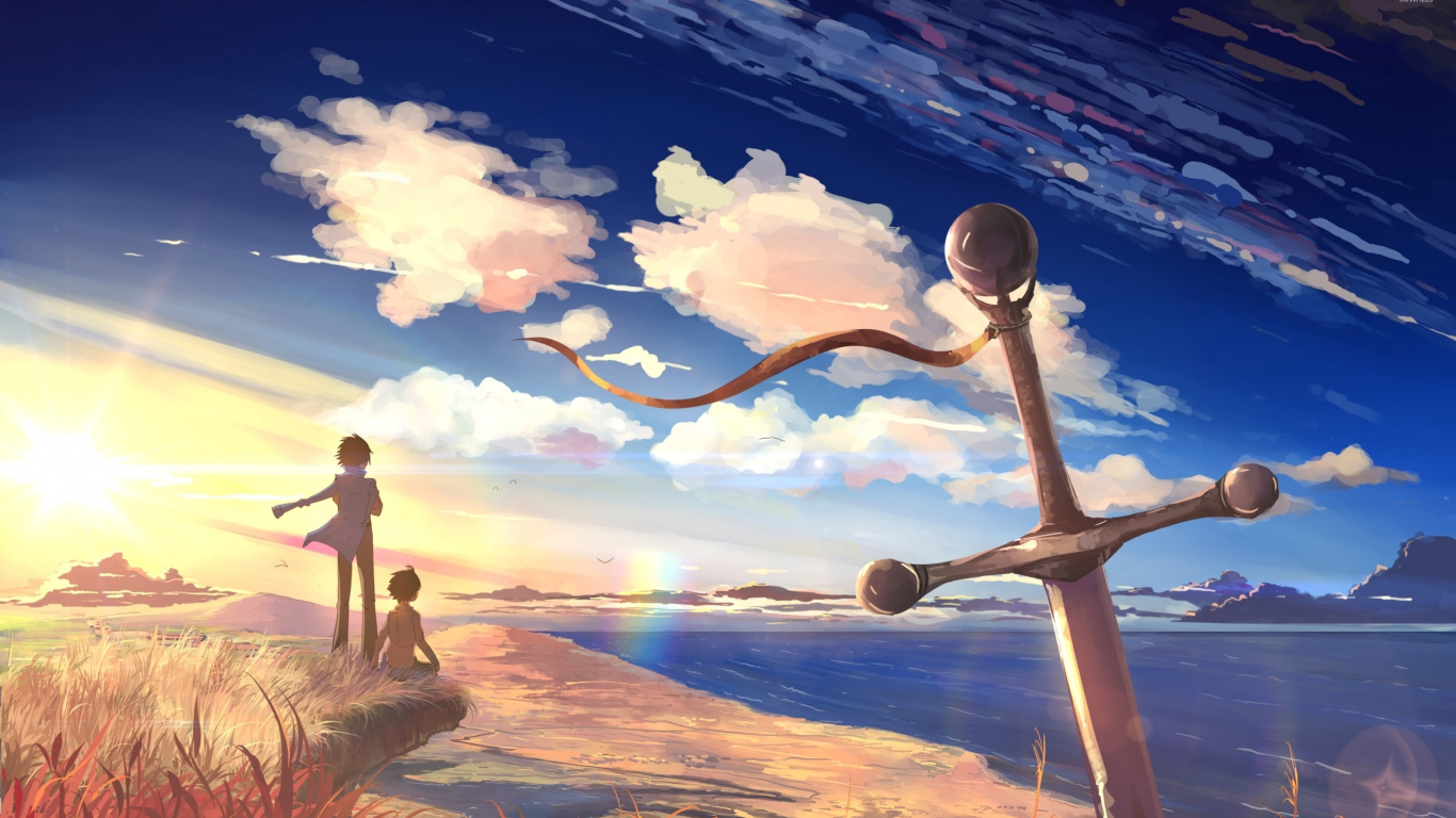 Обои аниме, облако, Счастлив, атмосфера, иллюстрация в разрешении 1366x768
