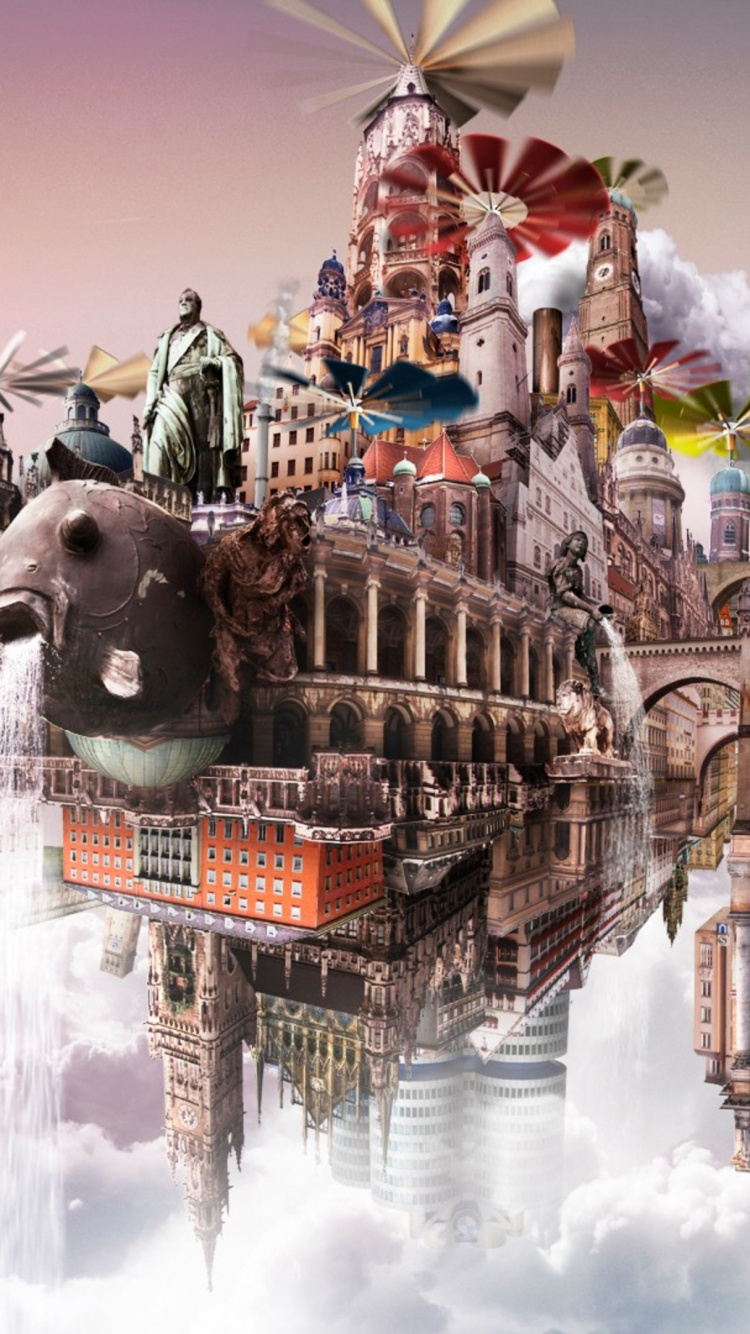 Обои акварельные краски, анимация, небо, арт, архитектура в разрешении 750x1334