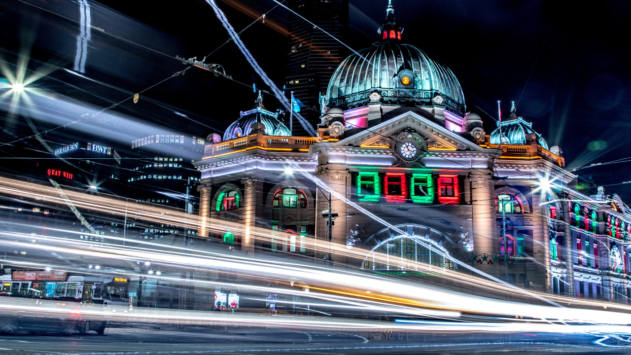 Обои Мельбурн, здание, ночь, ориентир, архитектура в разрешении 1280x720