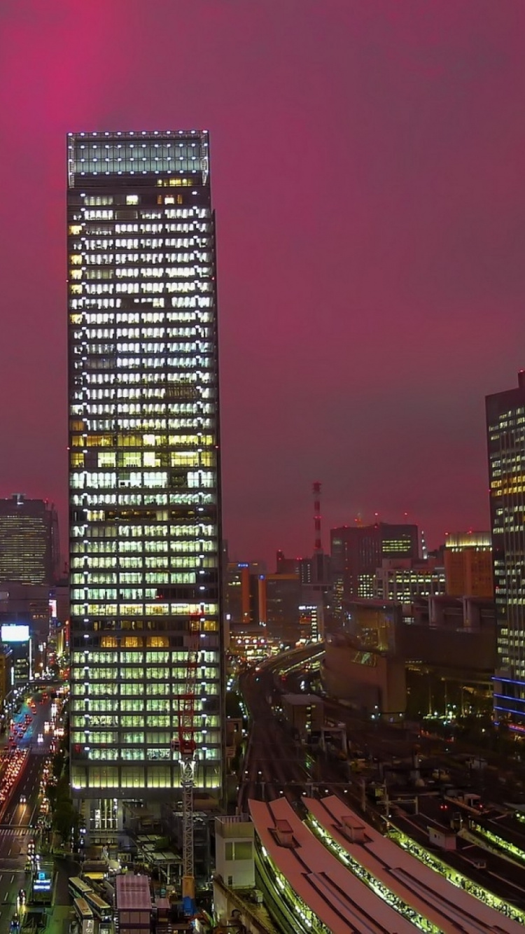 Обои небоскреб, Токио, ночь, линия горизонта, городской пейзаж в разрешении 750x1334